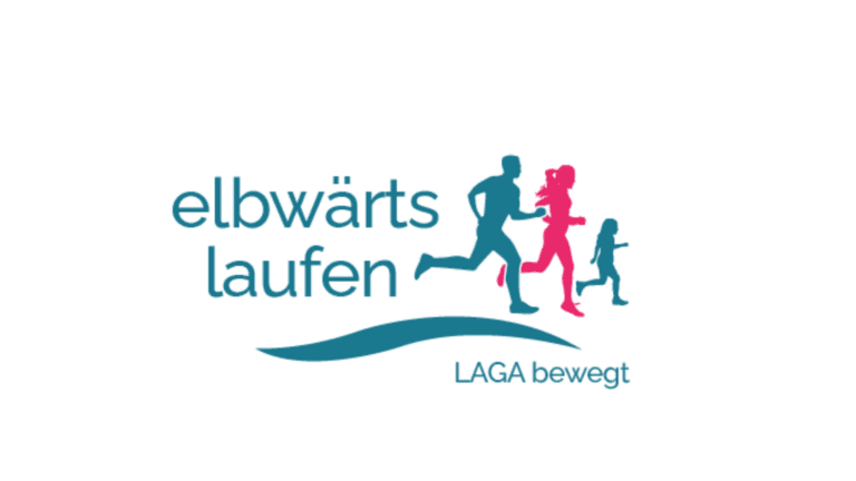 Grafik zum Lauf elbwärts laufen, LAGA bewegt: Silhouetten von zwei Laufenden und einem Kind